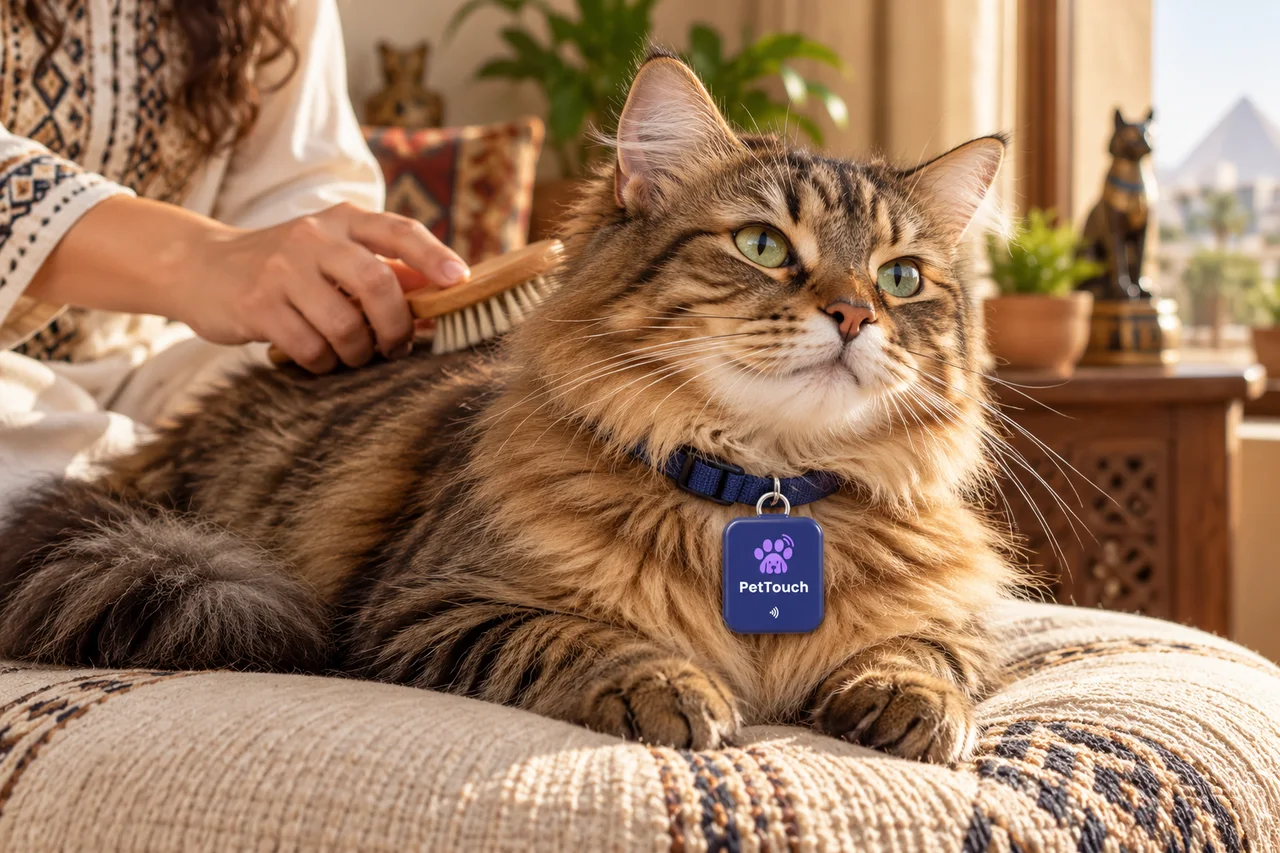 قطة طويلة الشعر بتاج PetTouch وصاحبتها بتمشط ظهرها بهدوء.