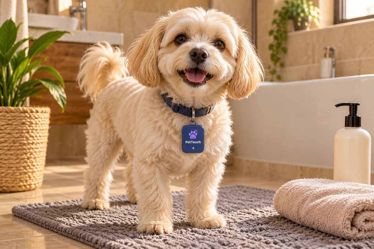 A small dog wearing a PetTouch tag on a nonslip mat before a bath.
