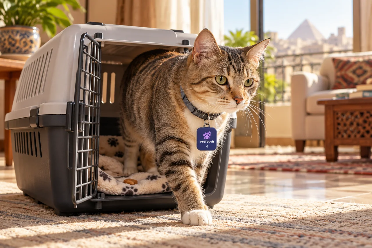 A cat wearing a PetTouch tag explores an open carrier with familiar bedding.