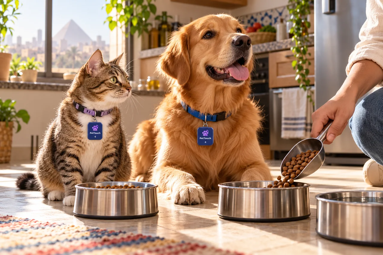 A cat and dog wearing PetTouch tags beside food and water bowls at home.