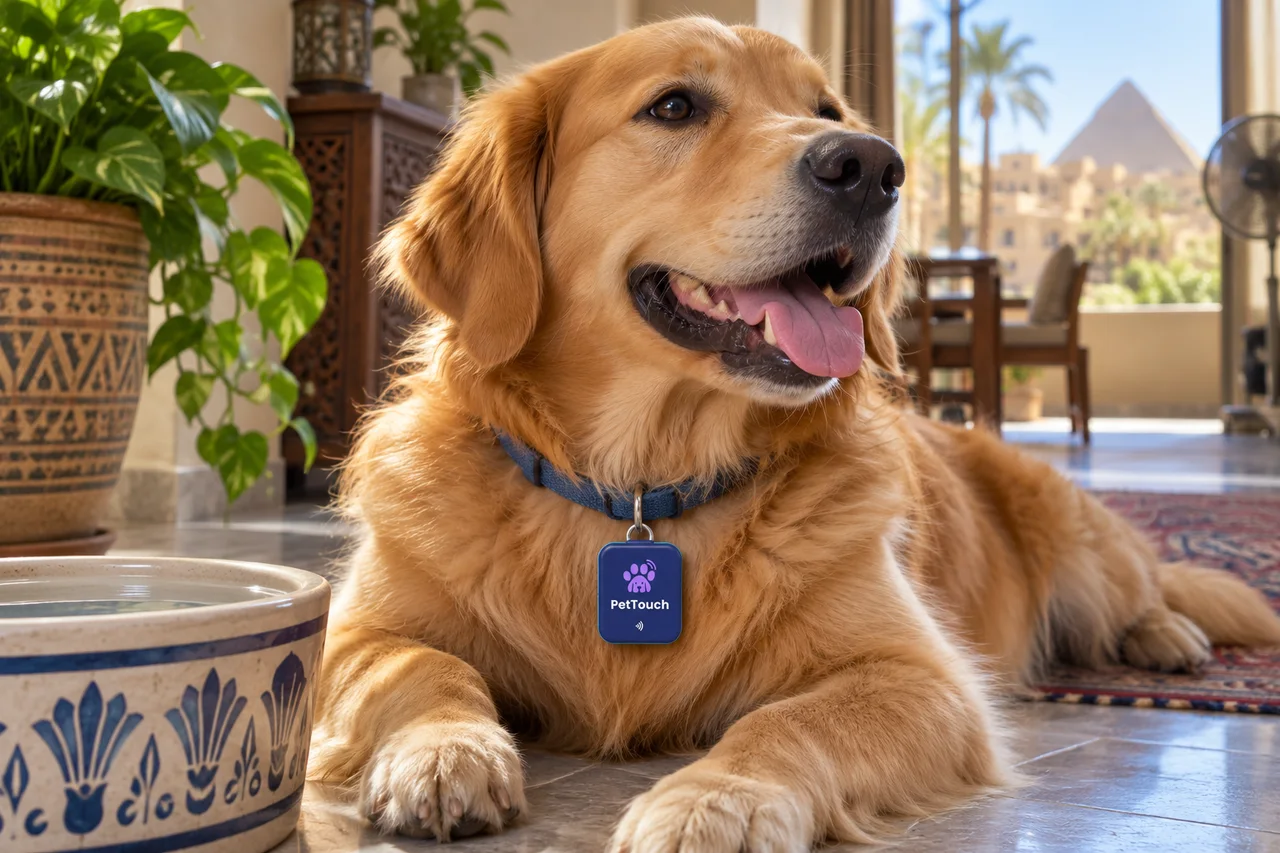 A healthy dog wearing a PetTouch tag rests in shade beside water, with a fan safely in the background.
