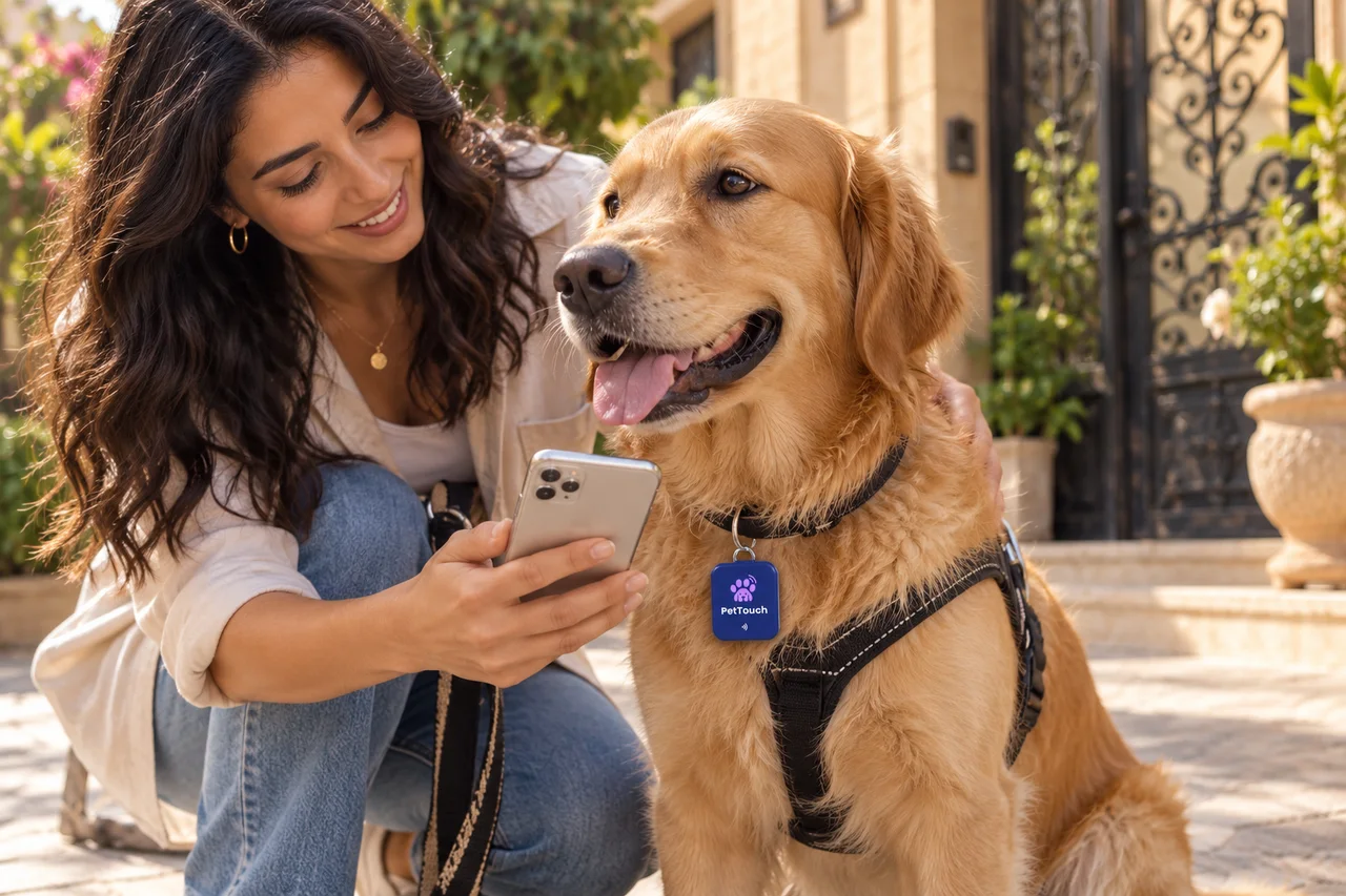 A dog wearing a PetTouch tag beside its owner holding a phone near a home entrance.