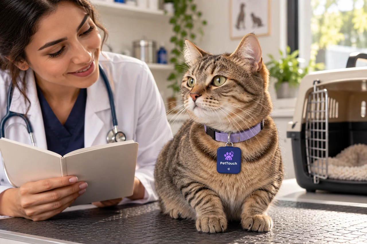 A cat wearing a PetTouch tag at a calm veterinary visit while the vet reviews a booklet.