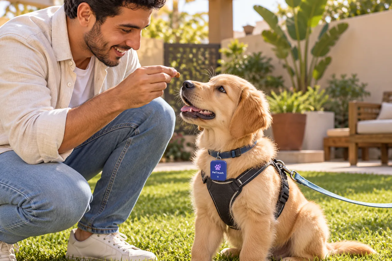 An owner rewards a puppy wearing a PetTouch tag, with a lead attached to its harness.