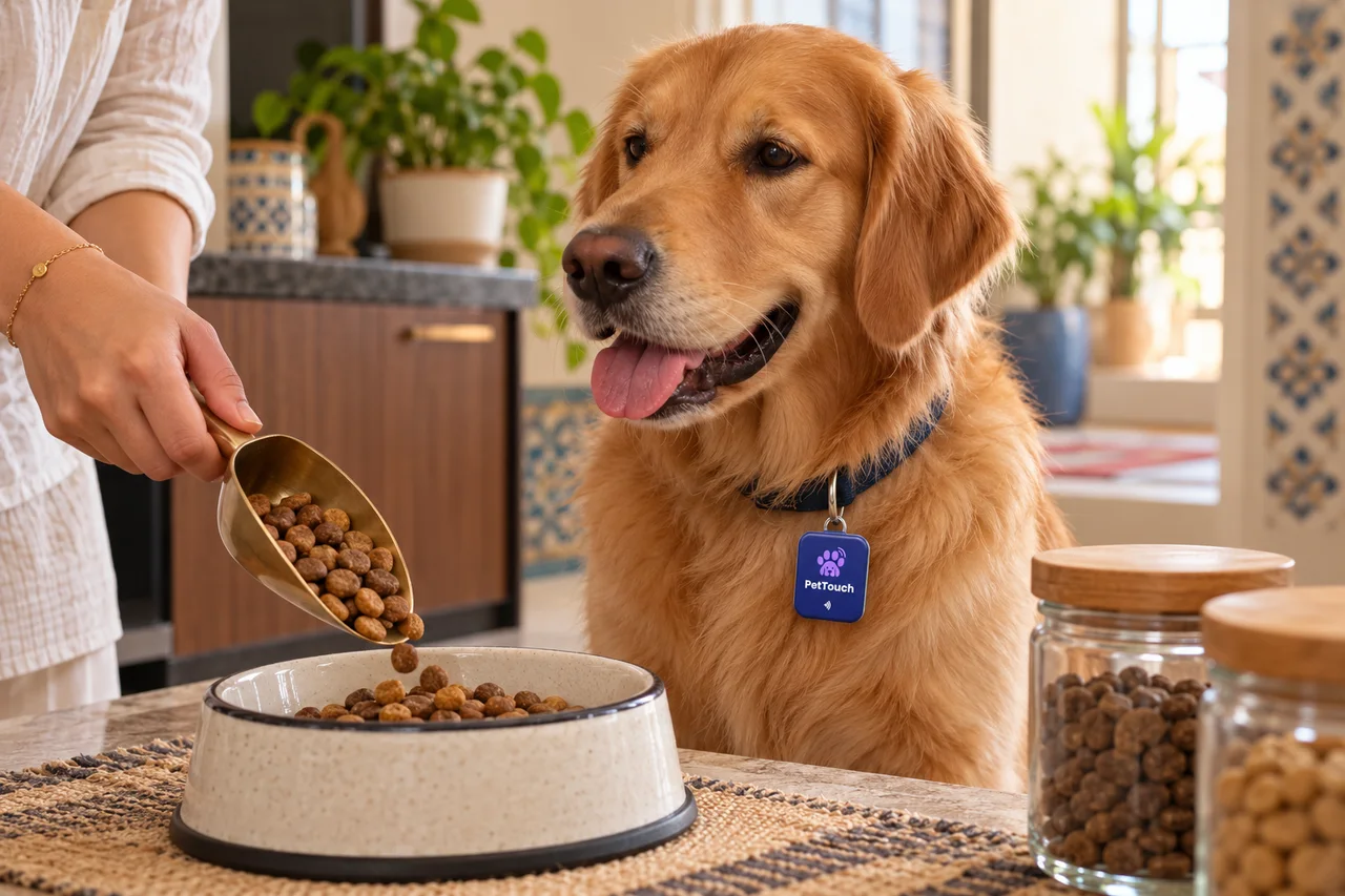 A dog wearing a PetTouch tag while its owner measures food beside two jars.